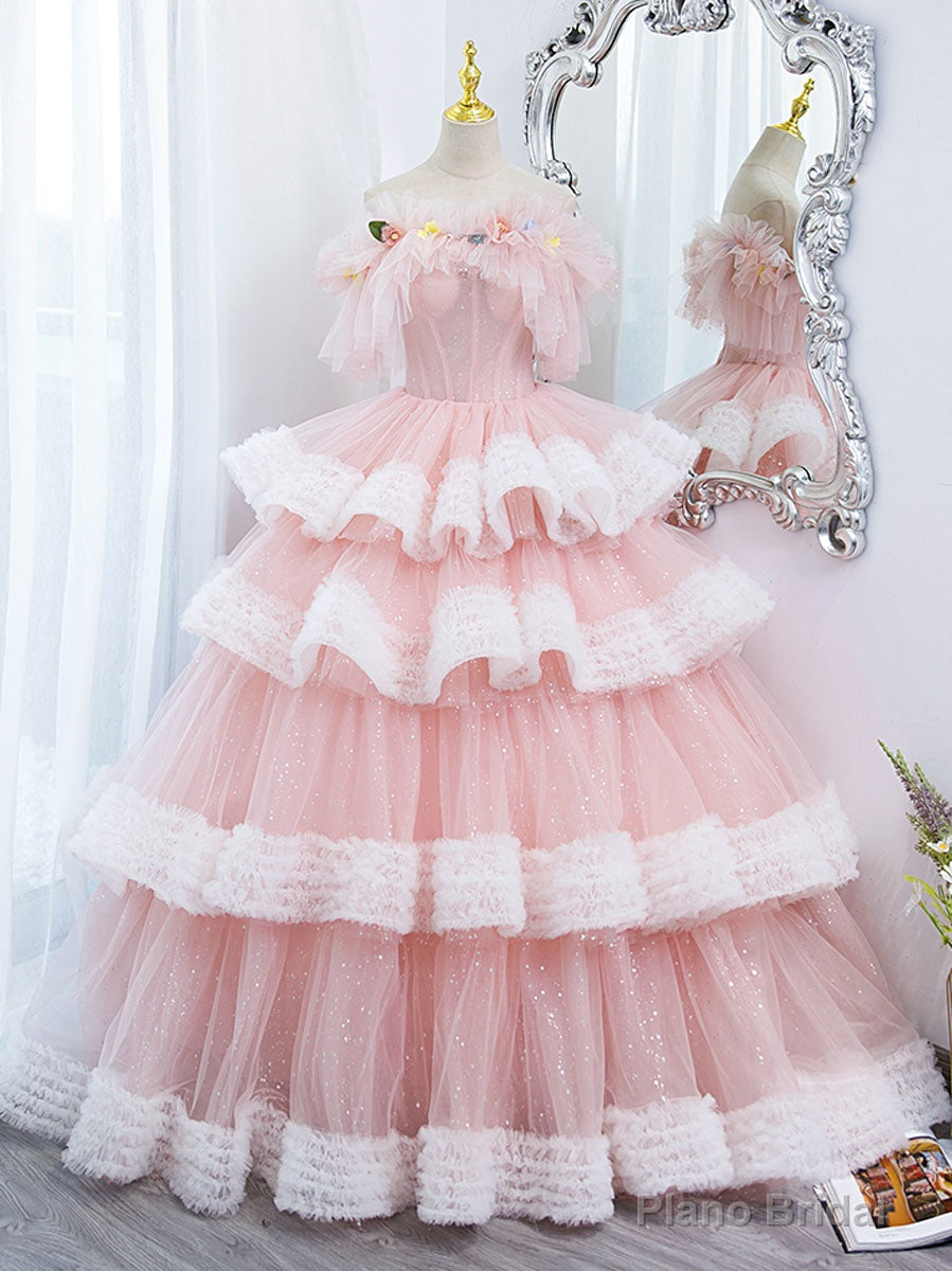 Off Shoulder Pink Long Prom Dresses, Ball Gown Pink Sweet 16 Dresses Secondary image