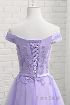 Off Shoulder Purple Lace Short Formal Prom Dress, Lilac Lace Homecoming Dress, Short Purple Formal Evening Dress