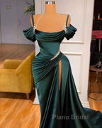 Off Shoulder Satin Green Slit Beading Mermaid Formal Prom Dresses