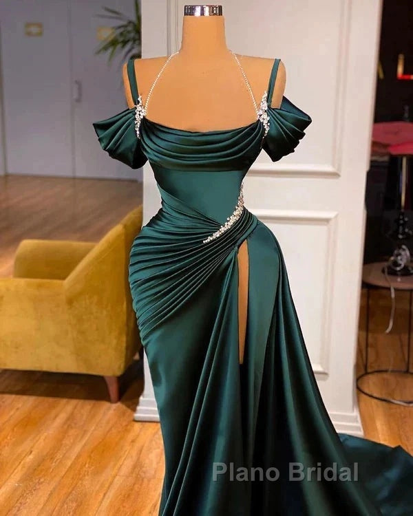 Off Shoulder Satin Green Slit Beading Mermaid Formal Prom Dresses