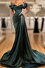 Off Shoulder Satin Green Slit Beading Mermaid Formal Prom Dresses