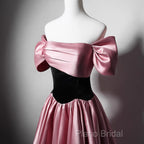 Off Shoulder Satin Scoop A-Line Long Party Dresses, Pink And Black Formal Prom Dresses Formal Dresses