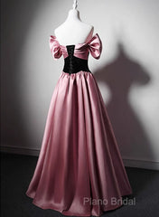 Off Shoulder Satin Scoop A-Line Long Party Dresses, Pink And Black Formal Prom Dresses Formal Dresses