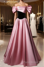 Off Shoulder Satin Scoop A-Line Long Party Dresses, Pink And Black Formal Prom Dresses Formal Dresses