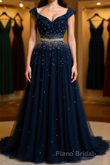 Off Shoulder Sequins Dark Blue Long Formal Prom Dress, Dark Blue Formal Dress, Off Shoulder Evening Dress