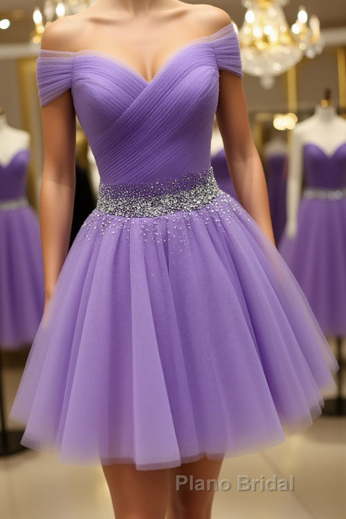 Off Shoulder Sequins Purple Short Formal Prom Dresses, Off the Shoulder Purple Homecoming Dresses, Short Purple Formal Evening Dresses
