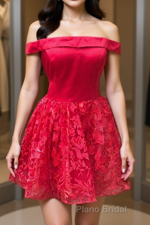 Off Shoulder Short Red Lace Formal Prom Dress, Off Shoulder Red Lace Formal Graduation Dress, Red Lace Homecoming Dress Main image