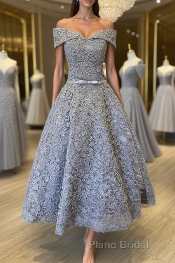 Off Shoulder Tea Length Gray Lace Formal Prom Dresses, Off the Shoulder Gray Homecoming Dresses, Gray Lace Formal Evening Dresses