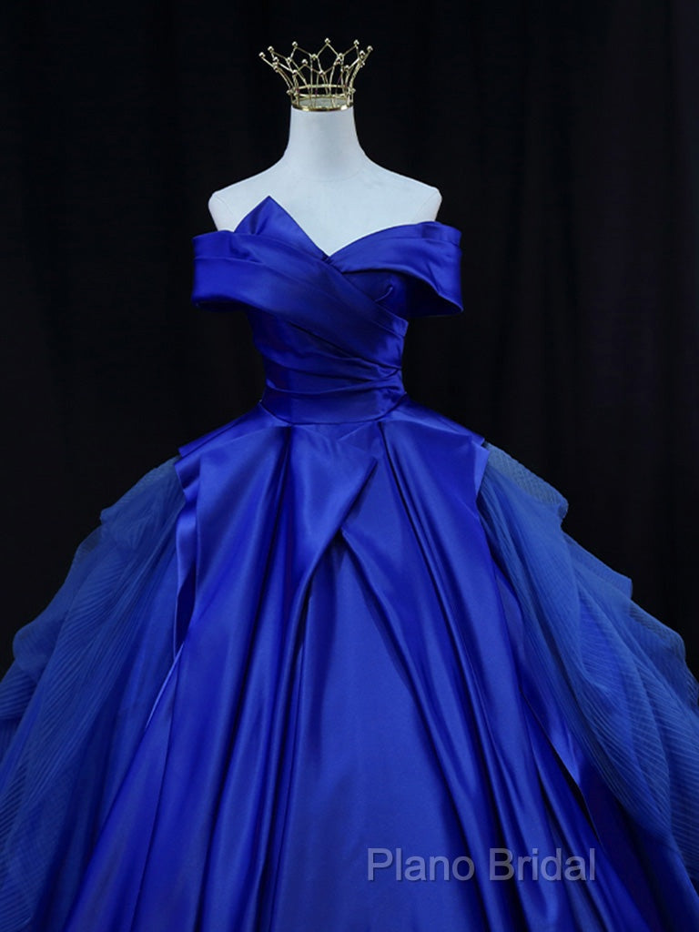 Off Shoulder Tulle Satin Blue Long Formal Prom Gown, Blue Long Formal Dresses Secondary image
