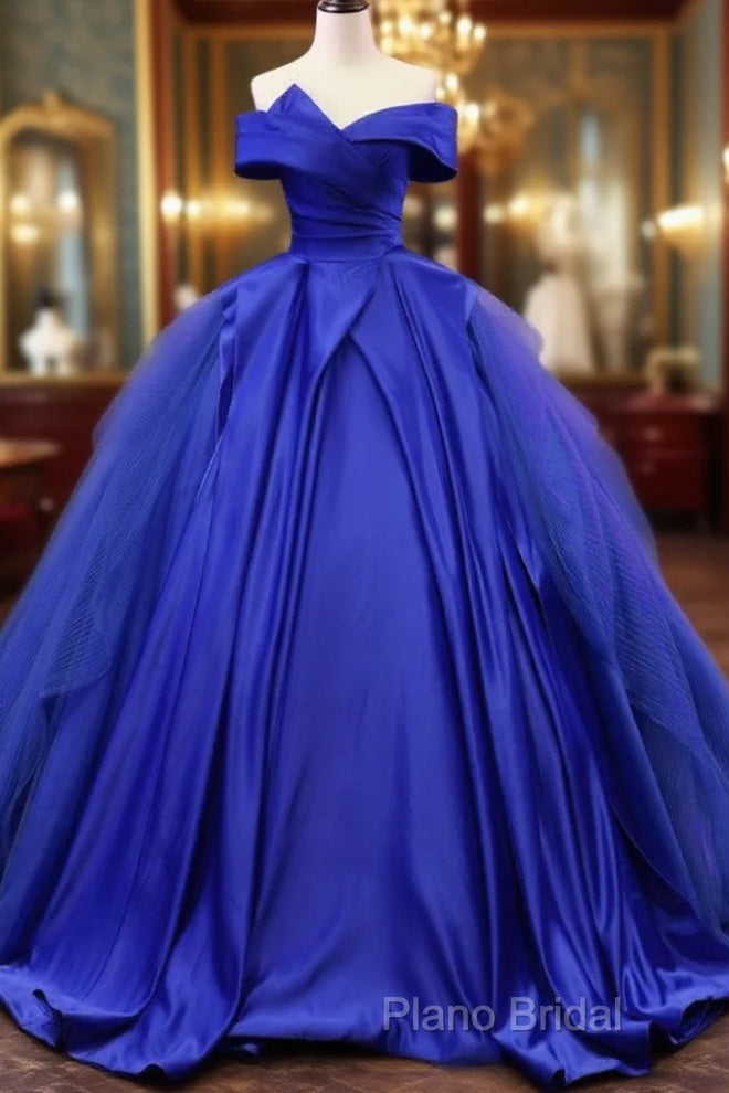 Off Shoulder Tulle Satin Blue Long Formal Prom Gown, Blue Long Formal Dresses Main image
