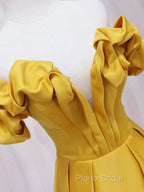 Off Shoulder V Neck Yellow Satin Long Formal Prom Dresses, Off The Shoulder Yellow Formal Dresses, Yellow Formal Dresses