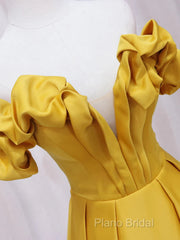 Off Shoulder V Neck Yellow Satin Long Formal Prom Dresses, Off The Shoulder Yellow Formal Dresses, Yellow Formal Dresses