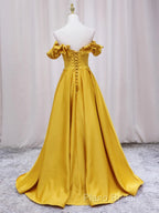 Off Shoulder V Neck Yellow Satin Long Formal Prom Dresses, Off The Shoulder Yellow Formal Dresses, Yellow Formal Dresses