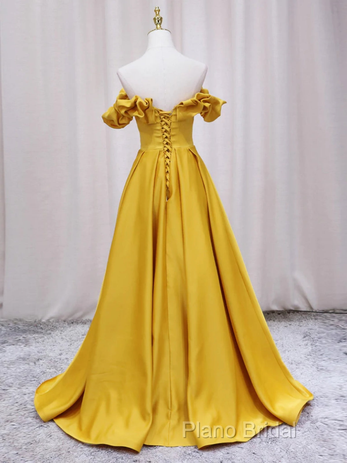 Off Shoulder V Neck Yellow Satin Long Formal Prom Dresses, Off The Shoulder Yellow Formal Dresses, Yellow Formal Dresses
