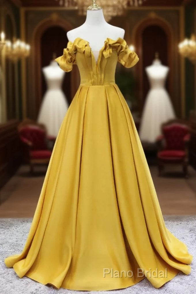 Off Shoulder V Neck Yellow Satin Long Formal Prom Dresses, Off The Shoulder Yellow Formal Dresses, Yellow Formal Dresses