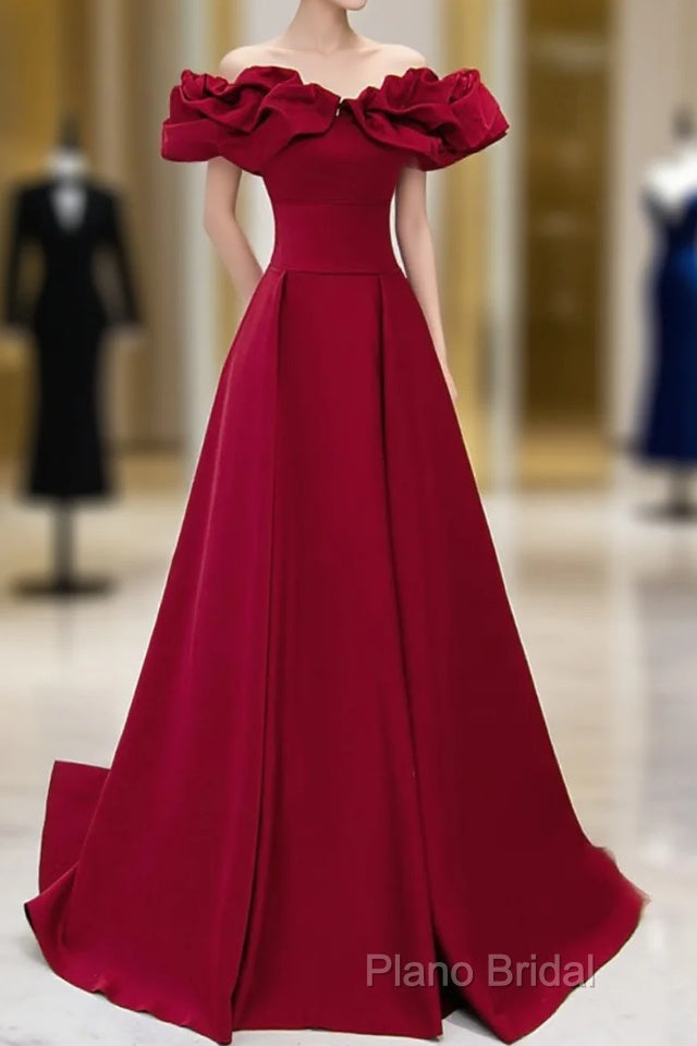 Off Shoulder Wine Red Sweetheart Long Party Dresses, Wine Red Formal Prom Dresses Formal Dresses Main image