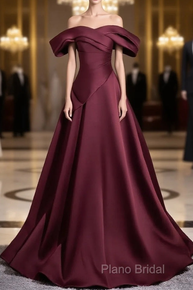 Off The Shoulder A-Line Satin Ruched Floor Length Formal Prom Dresses Main image