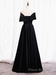 Off the Shoulder Black Long Formal Prom Dresses with Corset Back, Black Off the Shoulder Formal Evening Dresses