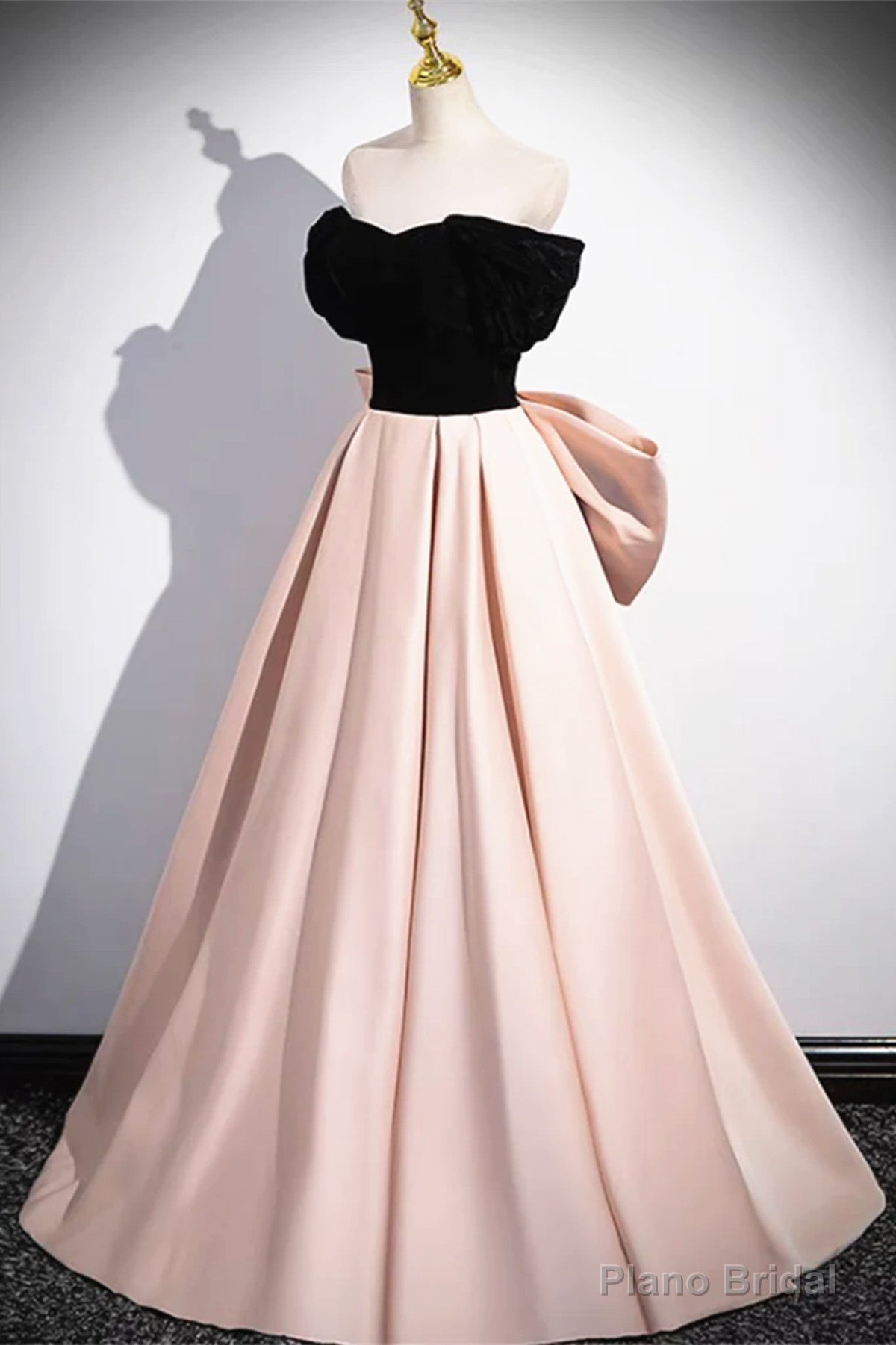 Off the Shoulder Black Pink Satin Long Prom Dresses, Pink Black Long Formal Evening Dresses Secondary image