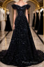 Off the Shoulder Black Sequin Formal Prom Dresses, Black Long Formal Evening Dresses