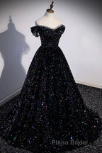 Off the Shoulder Black Sequin Formal Prom Dresses, Black Long Formal Evening Dresses