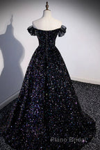 Off the Shoulder Black Sequin Formal Prom Dresses, Black Long Formal Evening Dresses