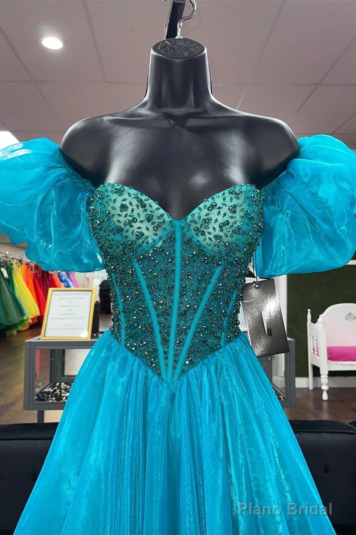 Off the Shoulder Blue Beaded Long Prom Dresses, Blue Beaded Long Formal Evening Dresses Secondary image