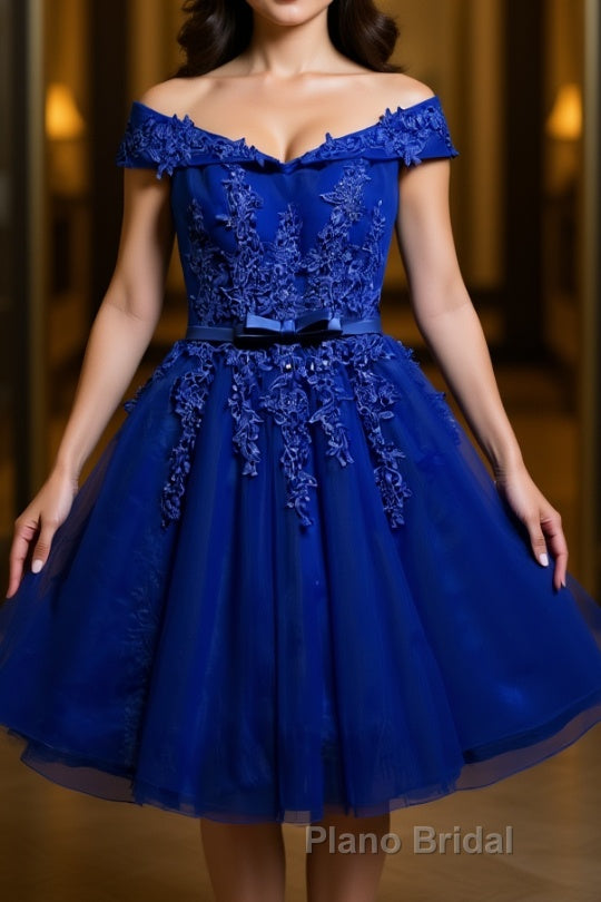 Off the Shoulder Blue Lace Formal Prom Dresses, Off Shoulder Blue Homecoming Dresses, Short Blue Lace Formal Evening Dresses