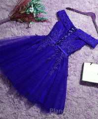 Off the Shoulder Blue Lace Formal Prom Dresses, Off Shoulder Blue Homecoming Dresses, Short Blue Lace Formal Evening Dresses