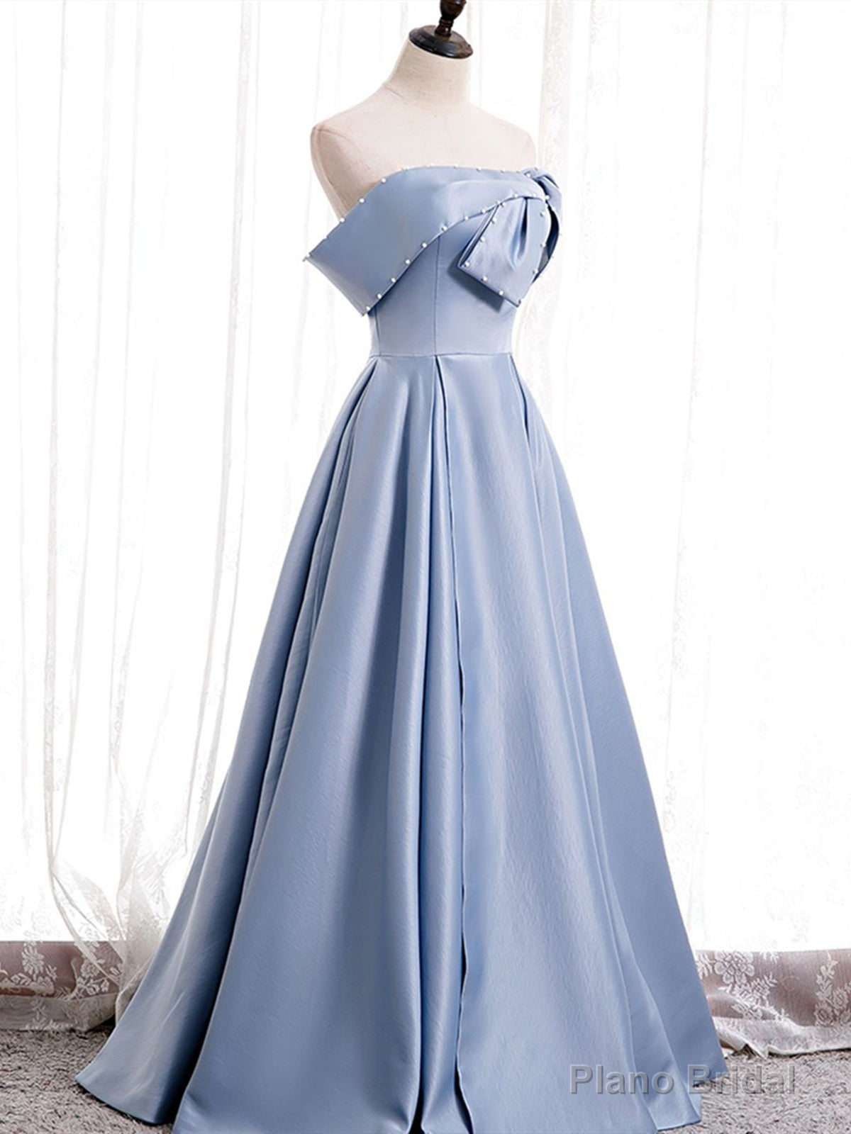 Off the Shoulder Blue Satin Long Prom Dresses, Off Shoulder Blue Formal Evening Dresses Secondary image