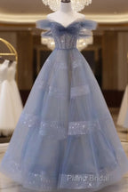 Off The Shoulder Blue Tulle A Line Long Formal Prom Dresses