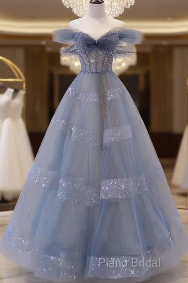 Off The Shoulder Blue Tulle A Line Long Formal Prom Dresses