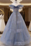 Off The Shoulder Blue Tulle A Line Long Formal Prom Dresses
