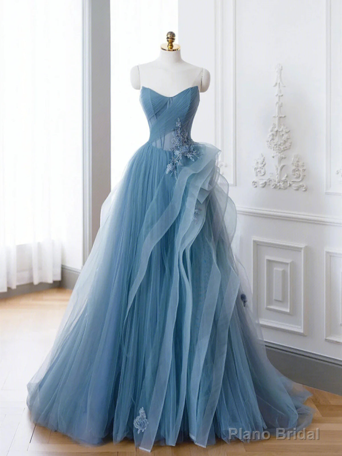 Off the Shoulder Blue Tulle Prom Dresses, Blue Tulle Floral Formal Evening Dresses Secondary image