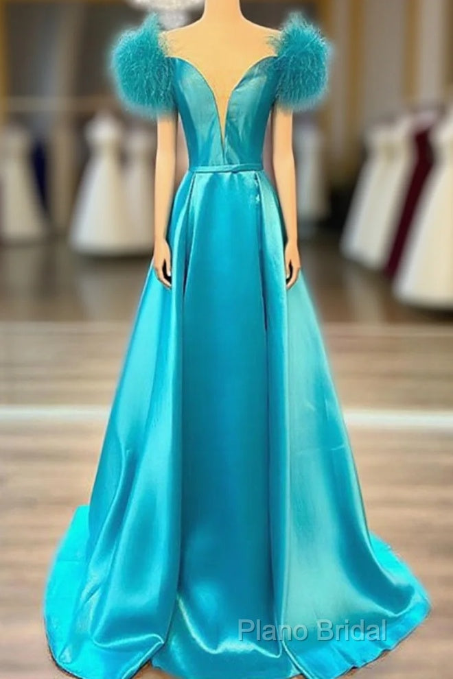 Off The Shoulder Blue V Neck Formal Prom Dresses, Blue V Neck Long Formal Dresses Main image