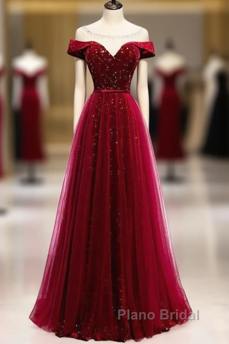 Off The Shoulder Burgundy Formal Long Formal Prom Dresses A Line Velvet Evening Dresses Main image