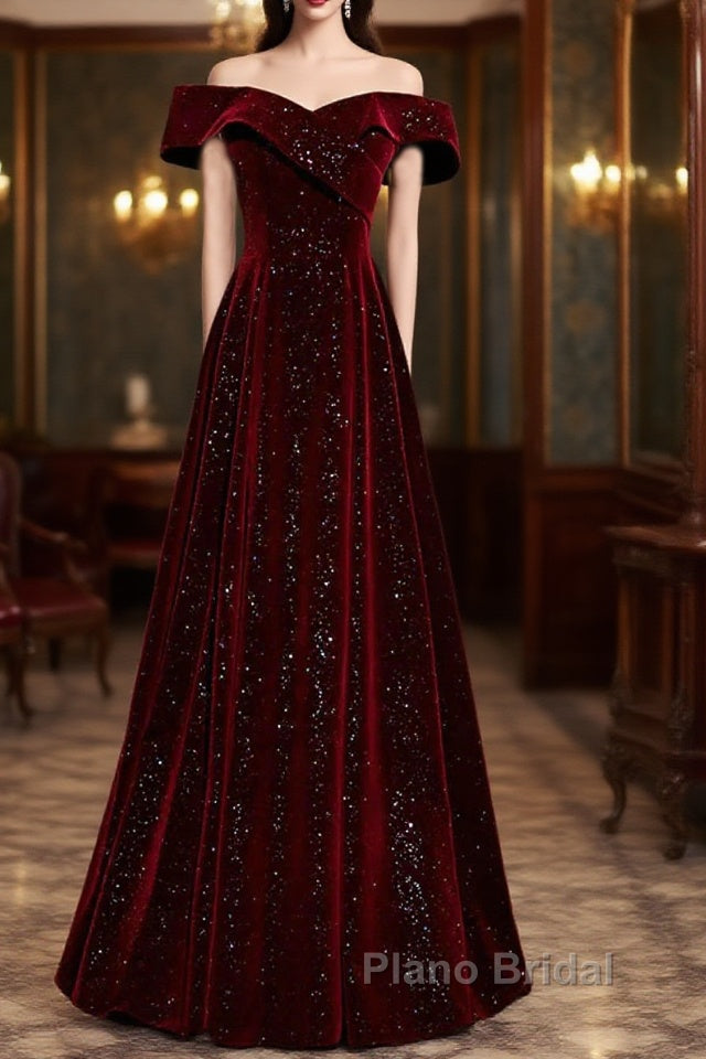 Off The Shoulder Burgundy Long Formal Prom Dresses, Burgundy Off Shoulder Long Formal Evening Dresses Main image