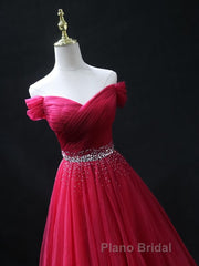 Off the Shoulder Burgundy Formal Prom Dresses with Beaded Belt, Wine Red Long Formal Evening Dresses
