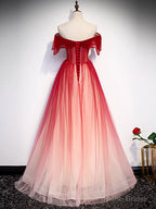 Off the Shoulder Burgundy Tulle Prom Dresses, Burgundy Tulle Formal Graduation Dresses