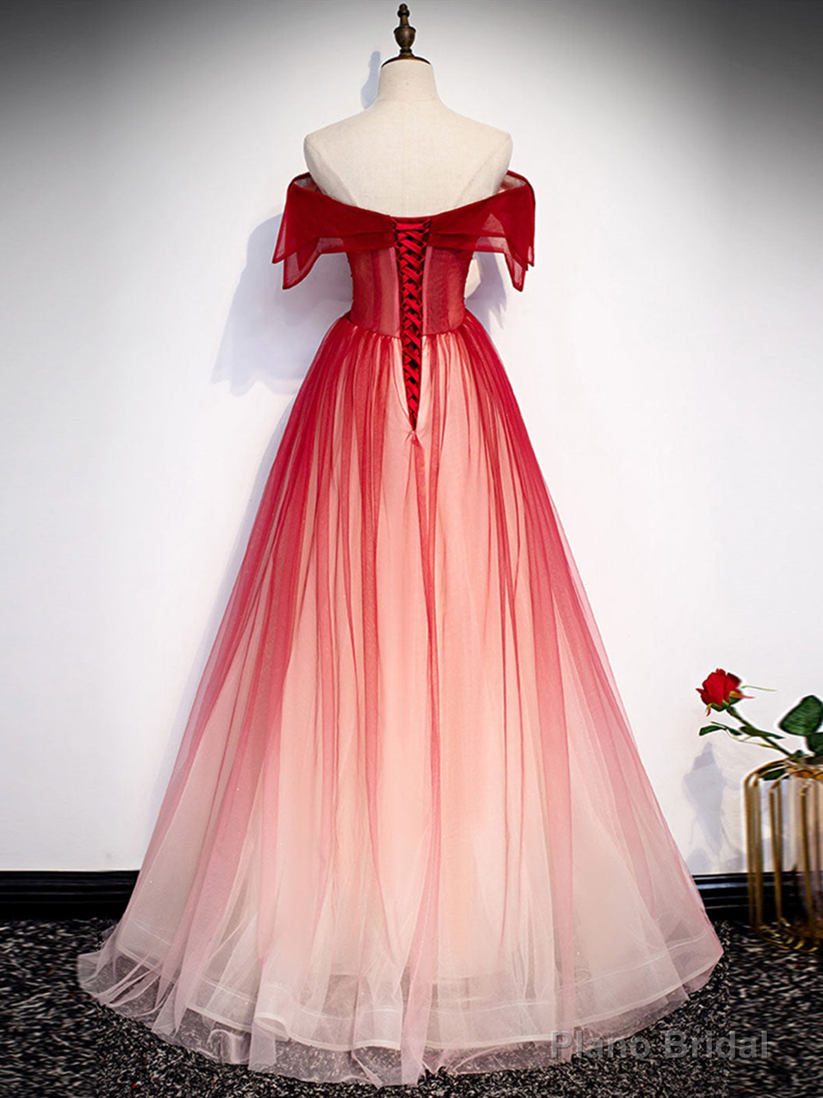 Off the Shoulder Burgundy Tulle Prom Dresses, Burgundy Tulle Formal Graduation Dresses