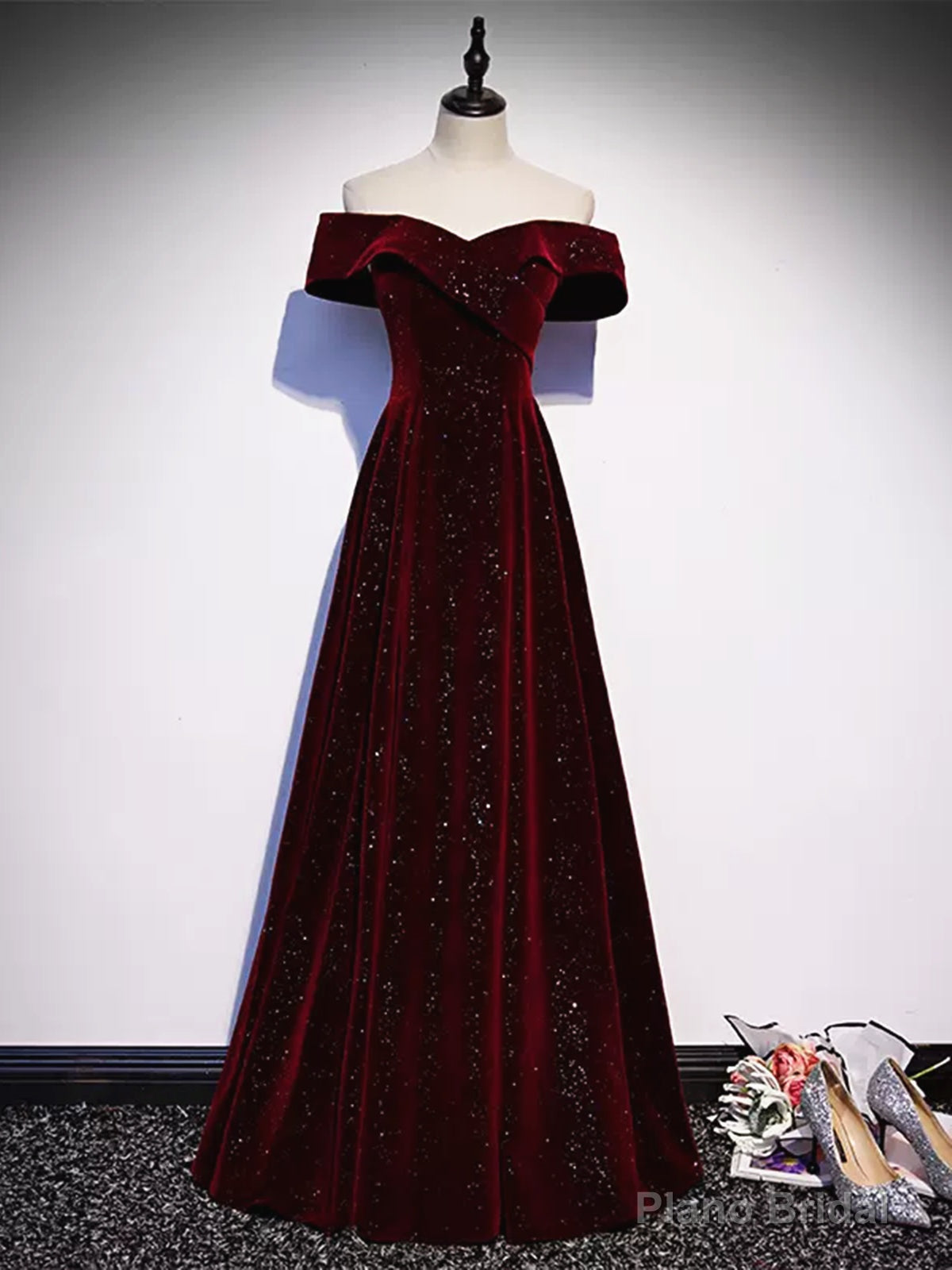 Off the Shoulder Burgundy Velvet Long Prom Dresses, Wine Red Long Formal Graduation Dresses Secondary image