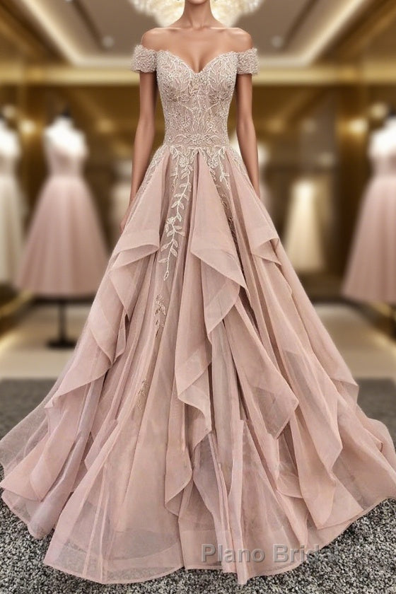 Off the Shoulder Champagne Lace Formal Prom Dresses, Off Shoulder Champagne Lace Formal Evening Dresses Main image