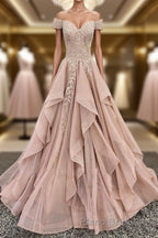 Off the Shoulder Champagne Lace Formal Prom Dresses, Off Shoulder Champagne Lace Formal Evening Dresses