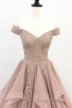 Off the Shoulder Champagne Lace Formal Prom Dresses, Off Shoulder Champagne Lace Formal Evening Dresses