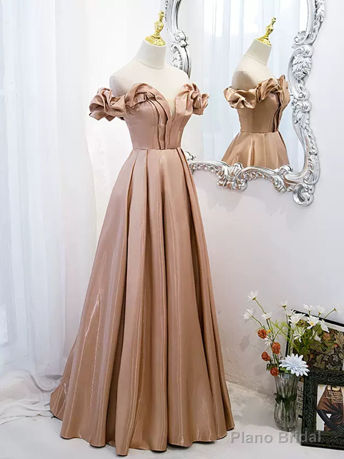 Off the Shoulder Champagne Satin Prom Dresses, Champagne Long Formal Evening Dresses Main image