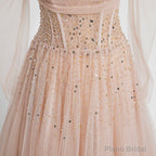 Off the Shoulder Champagne Tulle Long Prom Dresses, Champagne Beaded Tulle Formal Evening Dresses