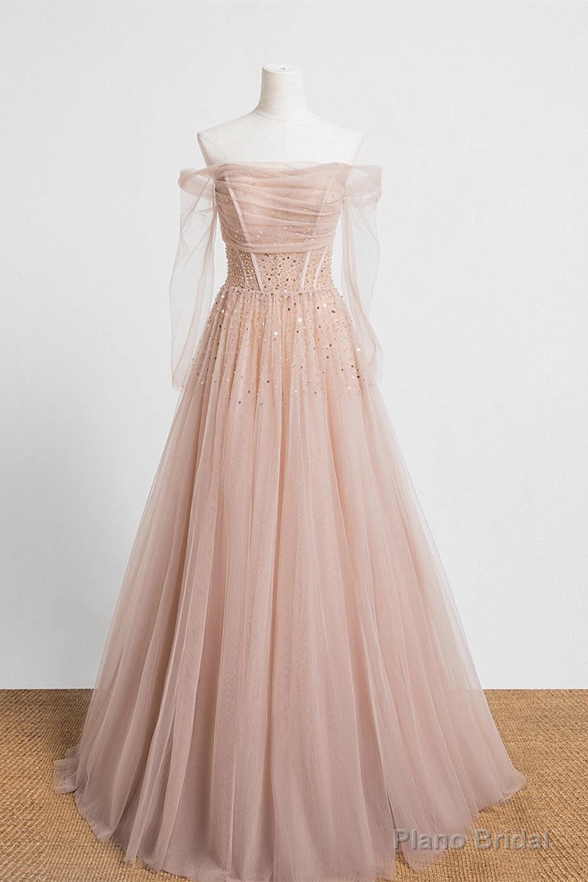 Off the Shoulder Champagne Tulle Long Prom Dresses, Champagne Beaded Tulle Formal Evening Dresses Main image