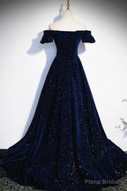 Off the Shoulder Dark Navy Blue Long Prom Dresses, Dark Navy Blue Long Formal Evening Dresses