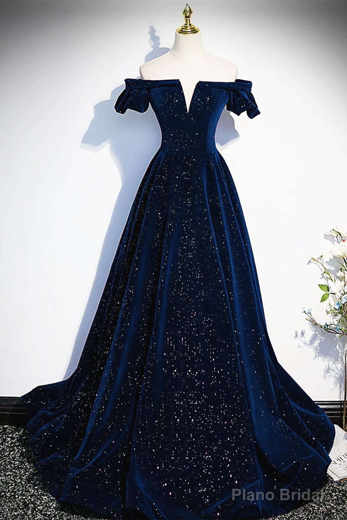 Off the Shoulder Dark Navy Blue Long Prom Dresses, Dark Navy Blue Long Formal Evening Dresses Main image