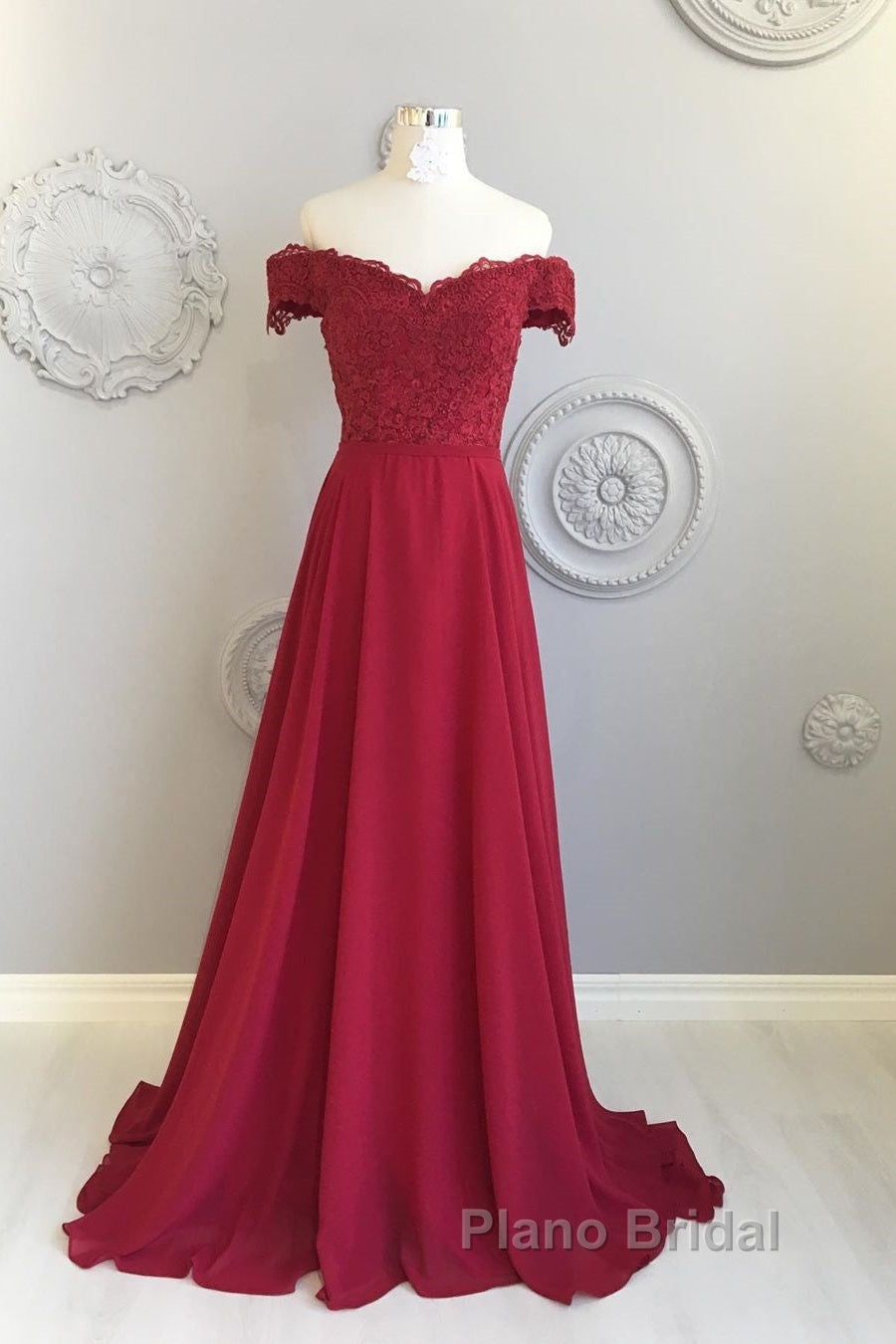 Off The Shoulder Floor Length Burgundy Lace Formal Prom Dresses, Burgundy Off Shoulder Lace Bridesmaid Dresses
